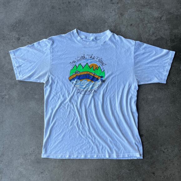 VINTAGE GO WITH THE FLOW OREGON NATURE SHIRT MENS LARGE WHITE 80S 90S - Picture 1 of 5